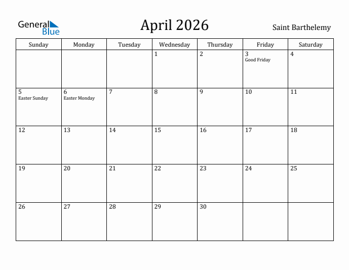April 2026 Calendar Saint Barthelemy