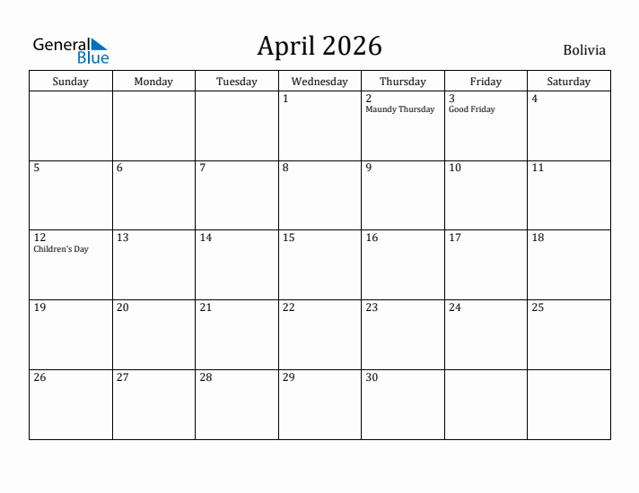 April 2026 Calendar Bolivia