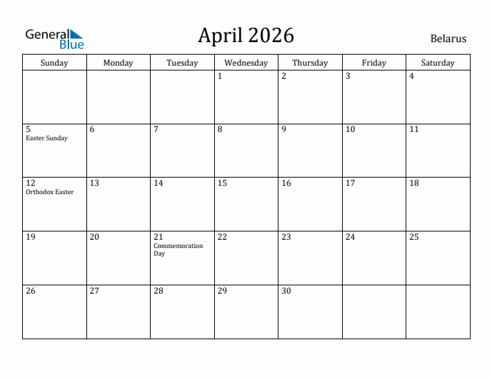 April 2026 Calendar Belarus