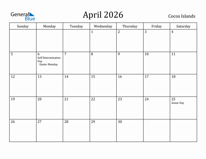 April 2026 Calendar Cocos Islands