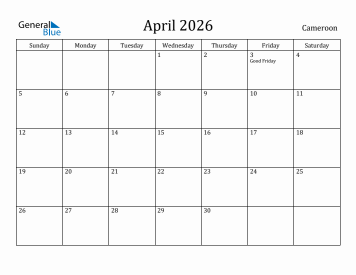 April 2026 Calendar Cameroon