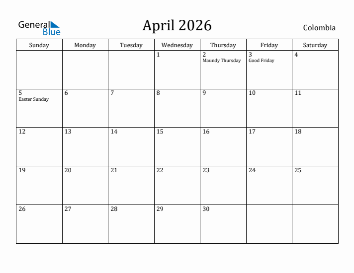 April 2026 Calendar Colombia