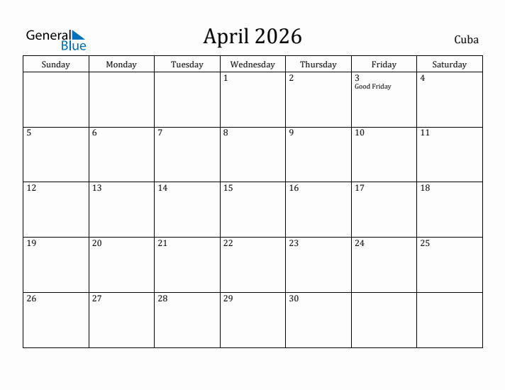 April 2026 Calendar Cuba