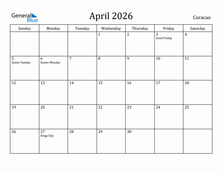 April 2026 Calendar Curacao