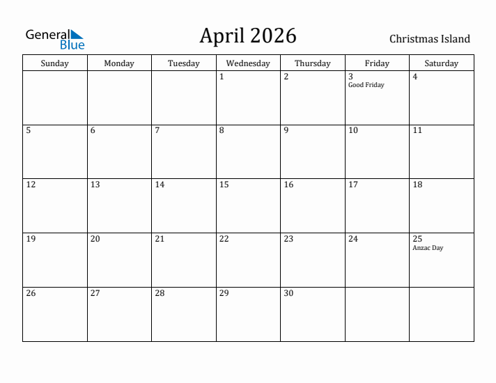 April 2026 Calendar Christmas Island
