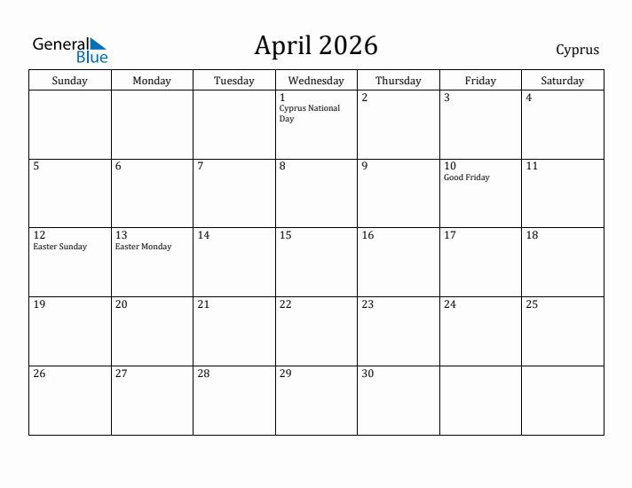 April 2026 Calendar Cyprus