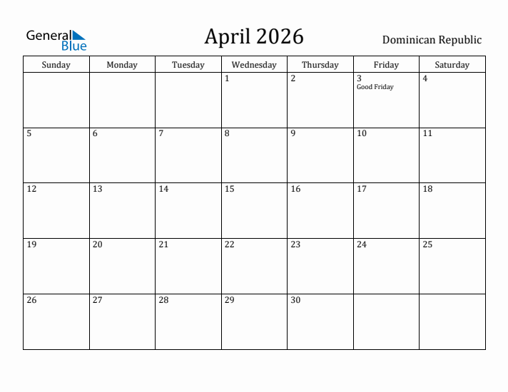 April 2026 Calendar Dominican Republic