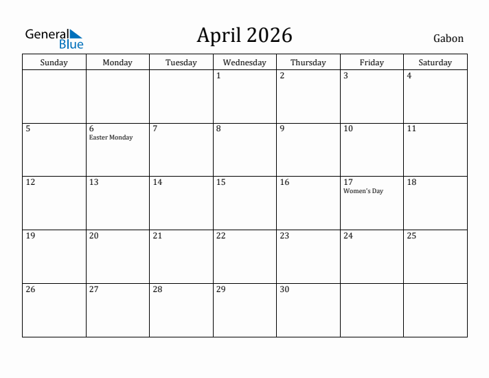 April 2026 Calendar Gabon
