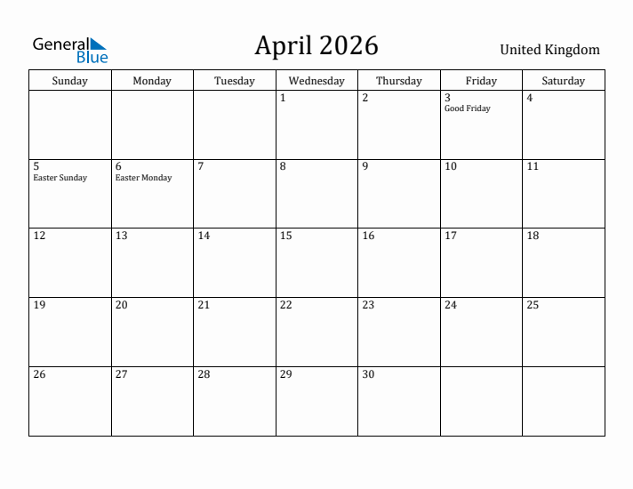 April 2026 Calendar United Kingdom