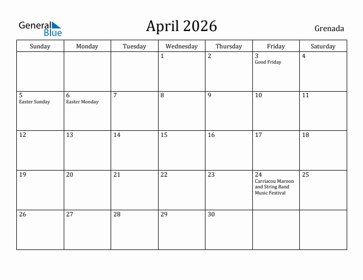 April 2026 Calendar Grenada