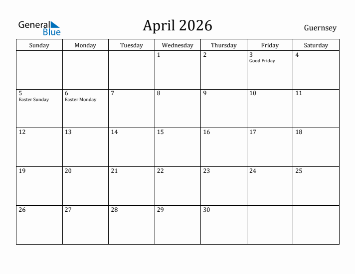 April 2026 Calendar Guernsey