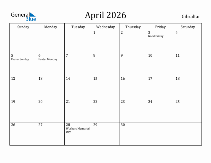 April 2026 Calendar Gibraltar