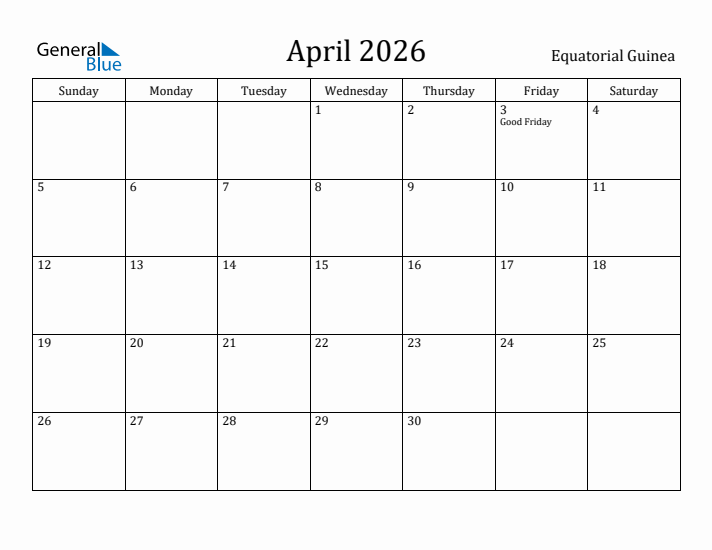 April 2026 Calendar Equatorial Guinea