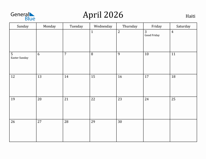 April 2026 Calendar Haiti