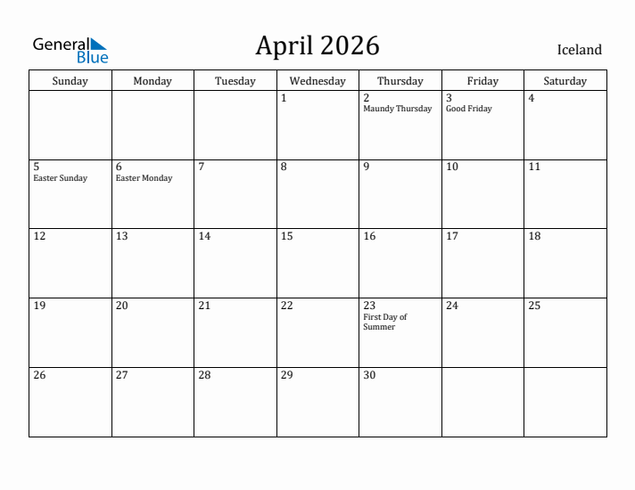 April 2026 Calendar Iceland
