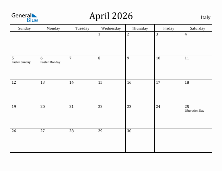 April 2026 Calendar Italy