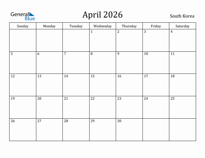 April 2026 Calendar South Korea