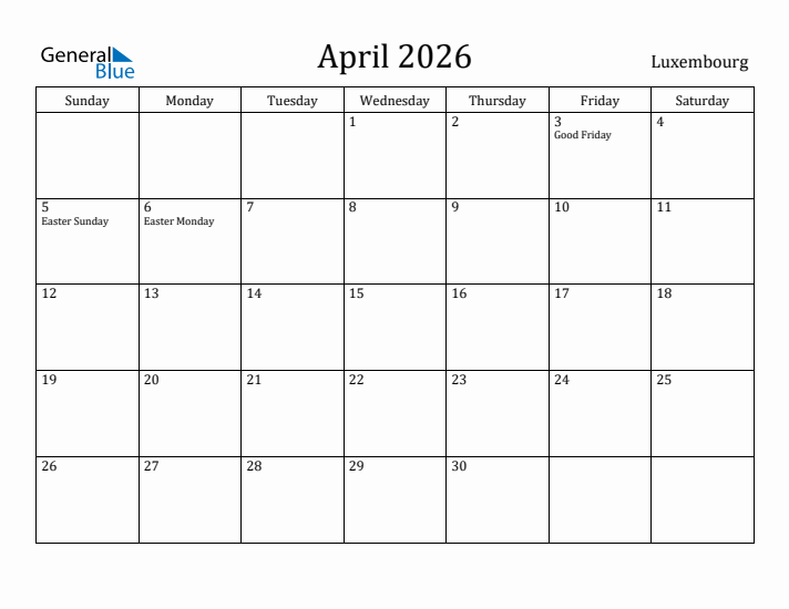 April 2026 Calendar Luxembourg