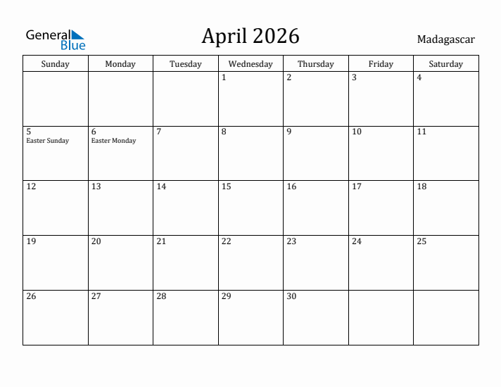 April 2026 Calendar Madagascar