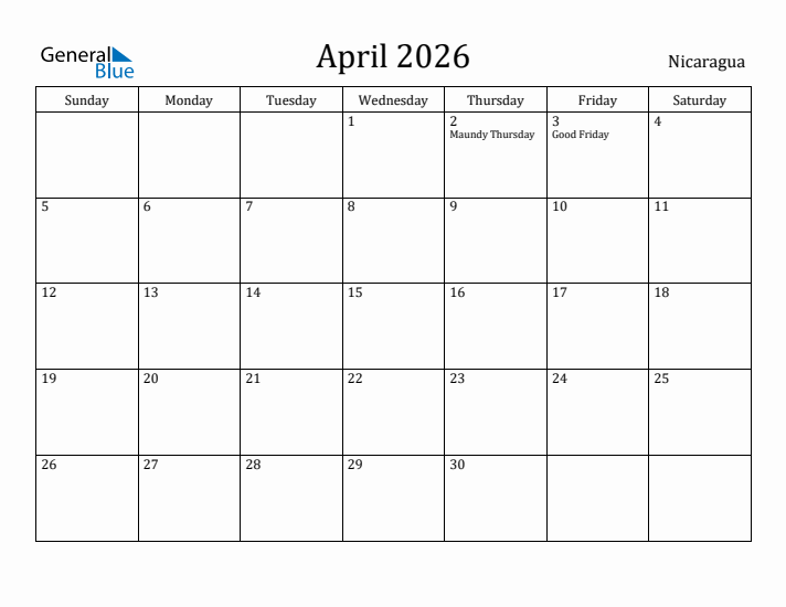 April 2026 Calendar Nicaragua