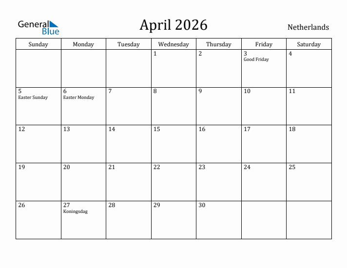 April 2026 Calendar The Netherlands