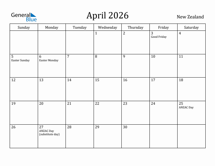 April 2026 Calendar New Zealand