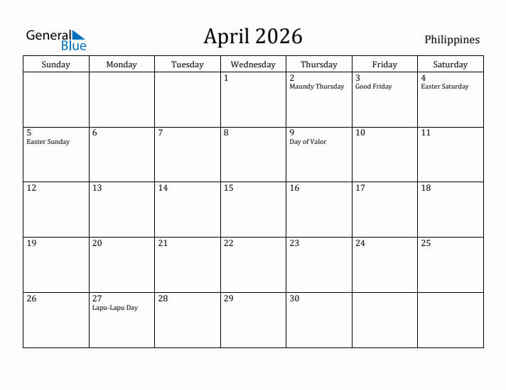 April 2026 Calendar Philippines