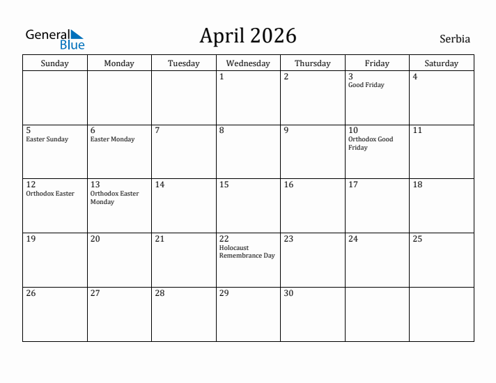 April 2026 Calendar Serbia