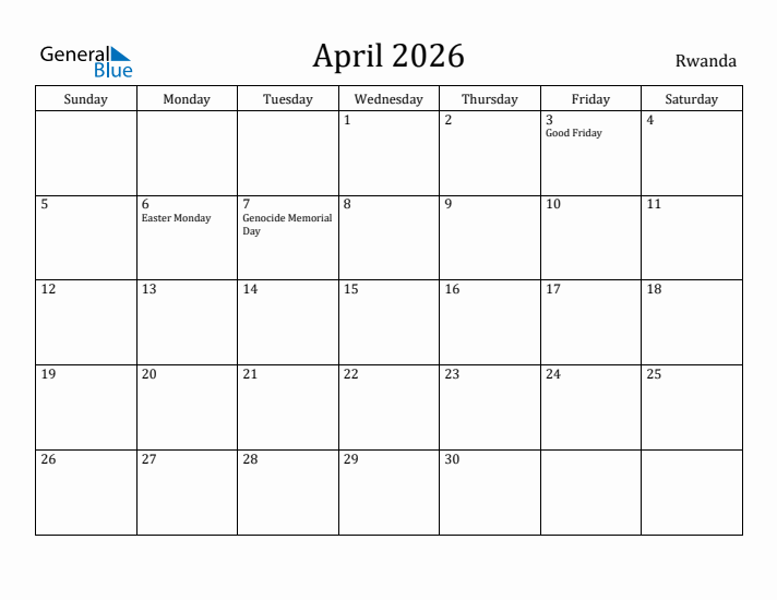 April 2026 Calendar Rwanda