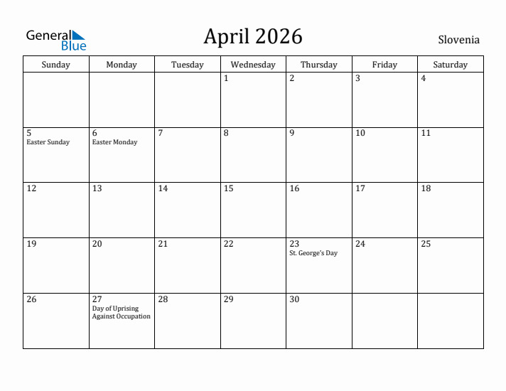 April 2026 Calendar Slovenia