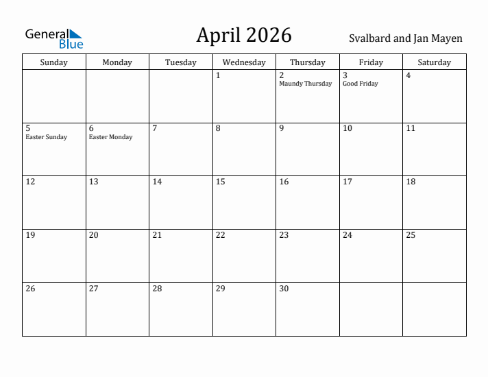 April 2026 Calendar Svalbard and Jan Mayen