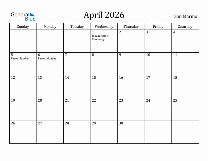 April 2026 Calendar San Marino