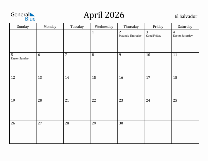April 2026 Calendar El Salvador