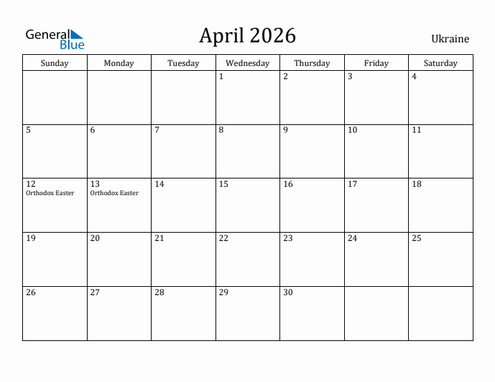 April 2026 Calendar Ukraine