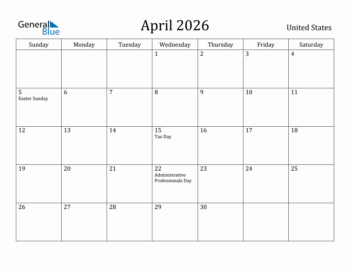 April 2026 Monthly Calendar with United States Holidays