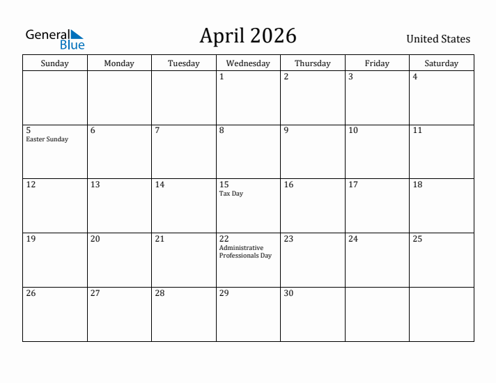 April 2026 Calendar United States