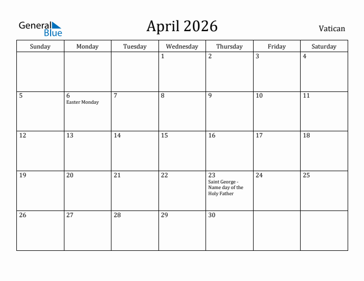 April 2026 Calendar Vatican