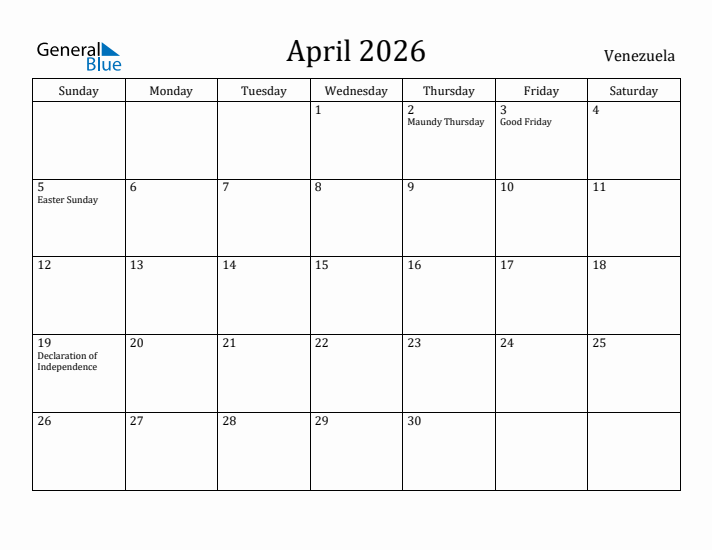 April 2026 Calendar Venezuela