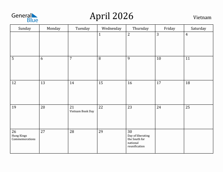 April 2026 Calendar Vietnam