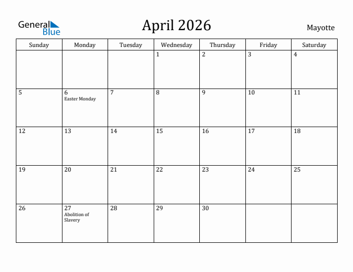 April 2026 Calendar Mayotte