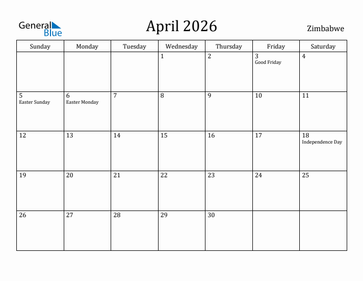 April 2026 Calendar Zimbabwe