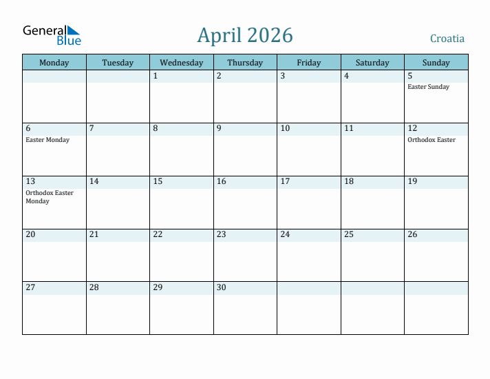 April 2026 Calendar with Holidays
