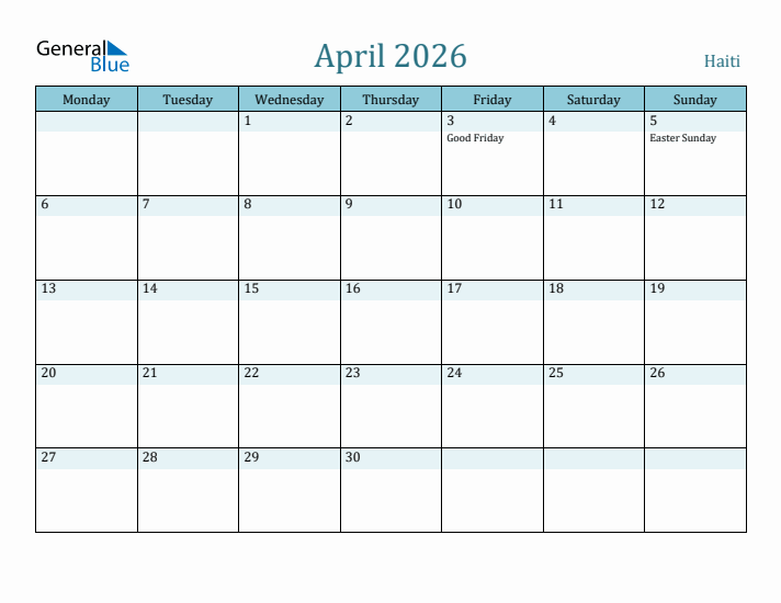 April 2026 Calendar with Holidays