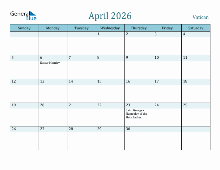 April 2026 Calendar with Holidays