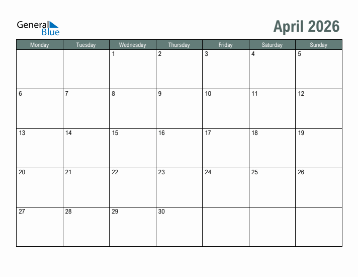 Free Printable April 2026 Calendar