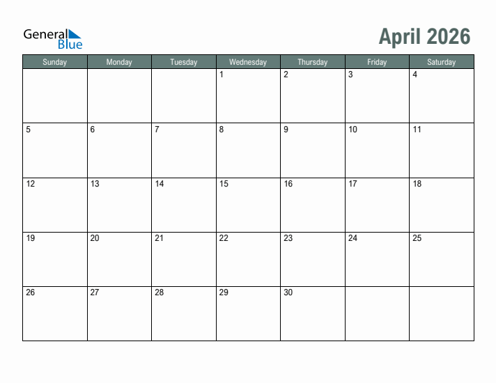 Free Printable April 2026 Calendar