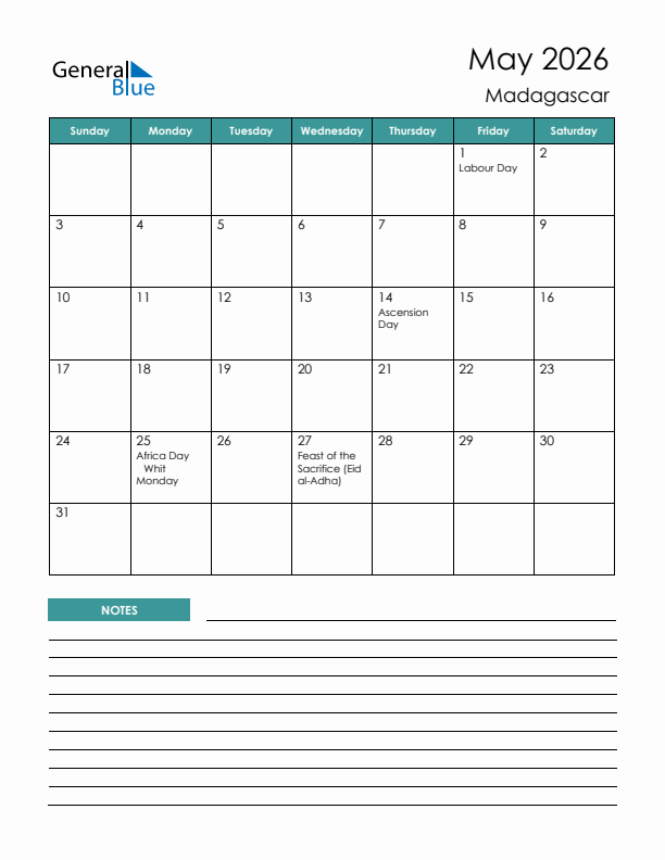 Calendar with Notes Printable - Sunday Start