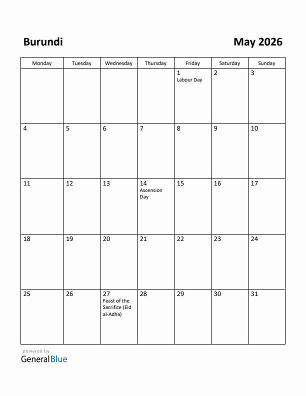 May 2026 Calendar with Burundi Holidays