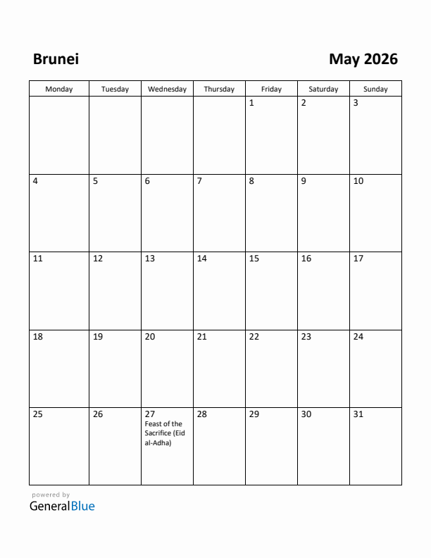 May 2026 Calendar with Brunei Holidays