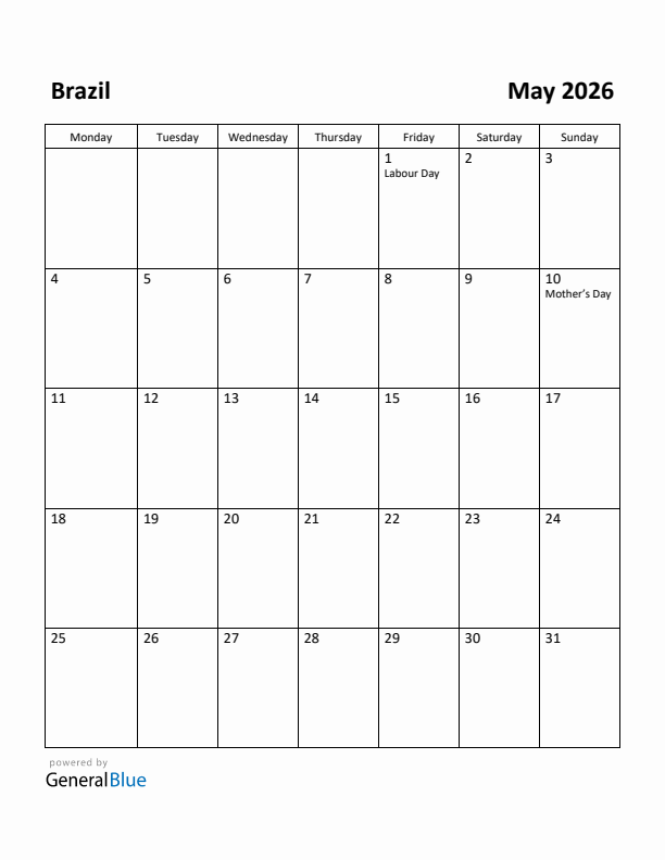 May 2026 Calendar with Brazil Holidays